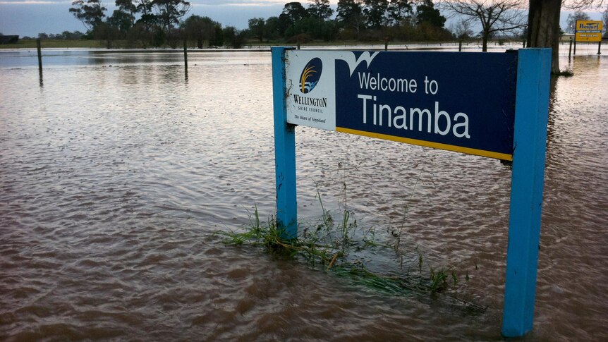 Floodwaters cover the town of Tinamba in eastern Victoria.
