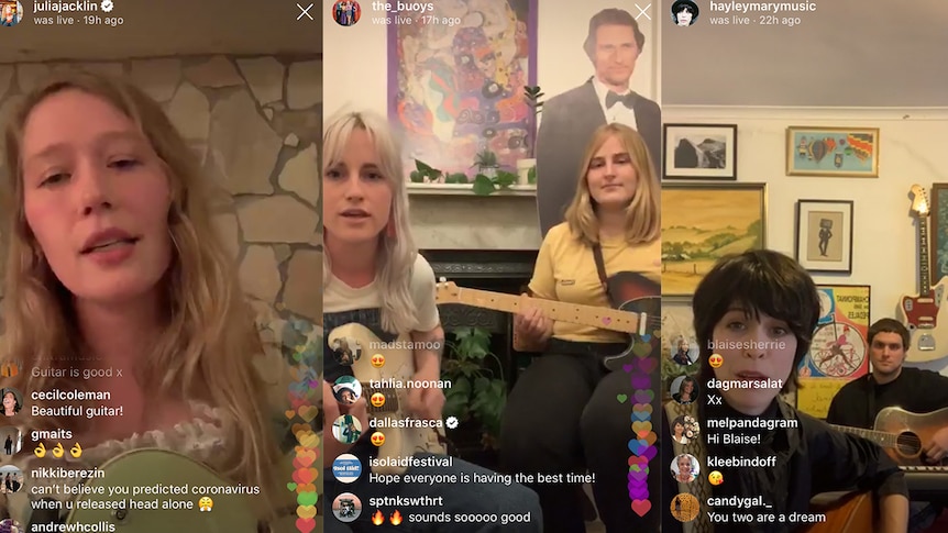 Screenshots of Julia Jacklin, The Buoys and Hayley Mary performing on Instagram at Isol-Aid on the weekend