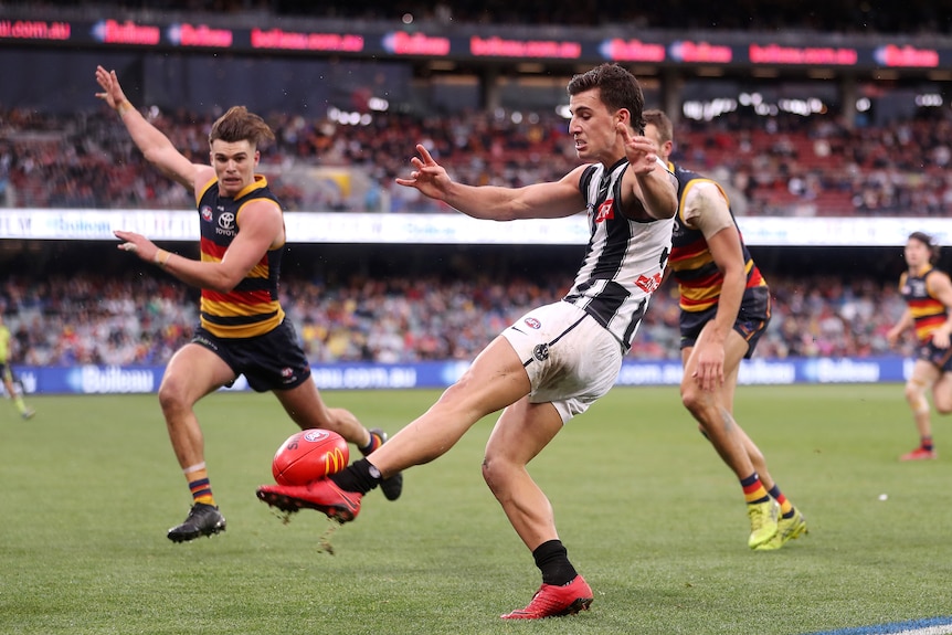 Collingwood's Nick Daicos wraps his left foot around the ball as he kicks it inbound against Adelaide.