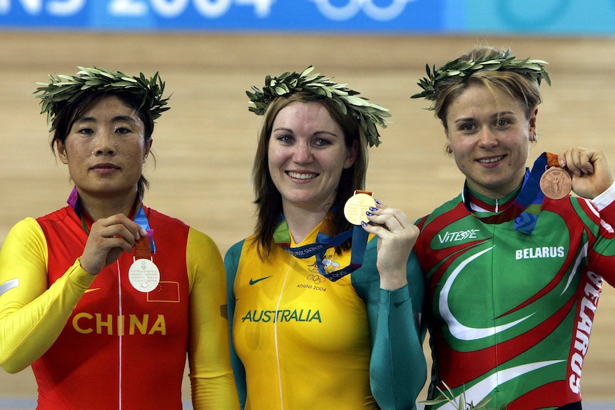 Australia's Anna Meares (C) and medallists in 2004 women's Olympic 500m time trial in Athens.