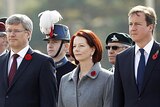 Christine Lagarde, Stephen Harper, Julia Gillard and David Cameron (L-R) visit the War Memorial in Seoul.