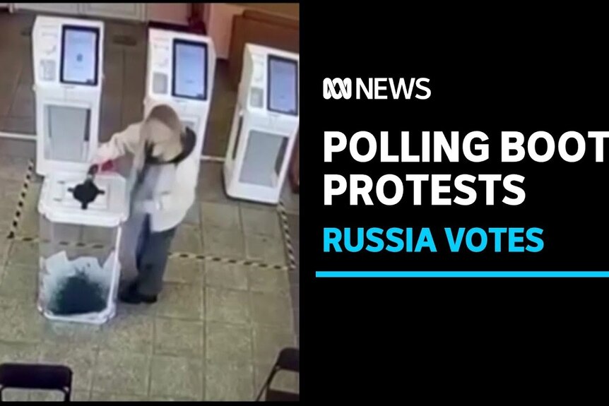 Polling Booth Protests, Russia Votes: CCTV vision of a woman pouring blue dye into a ballot box.