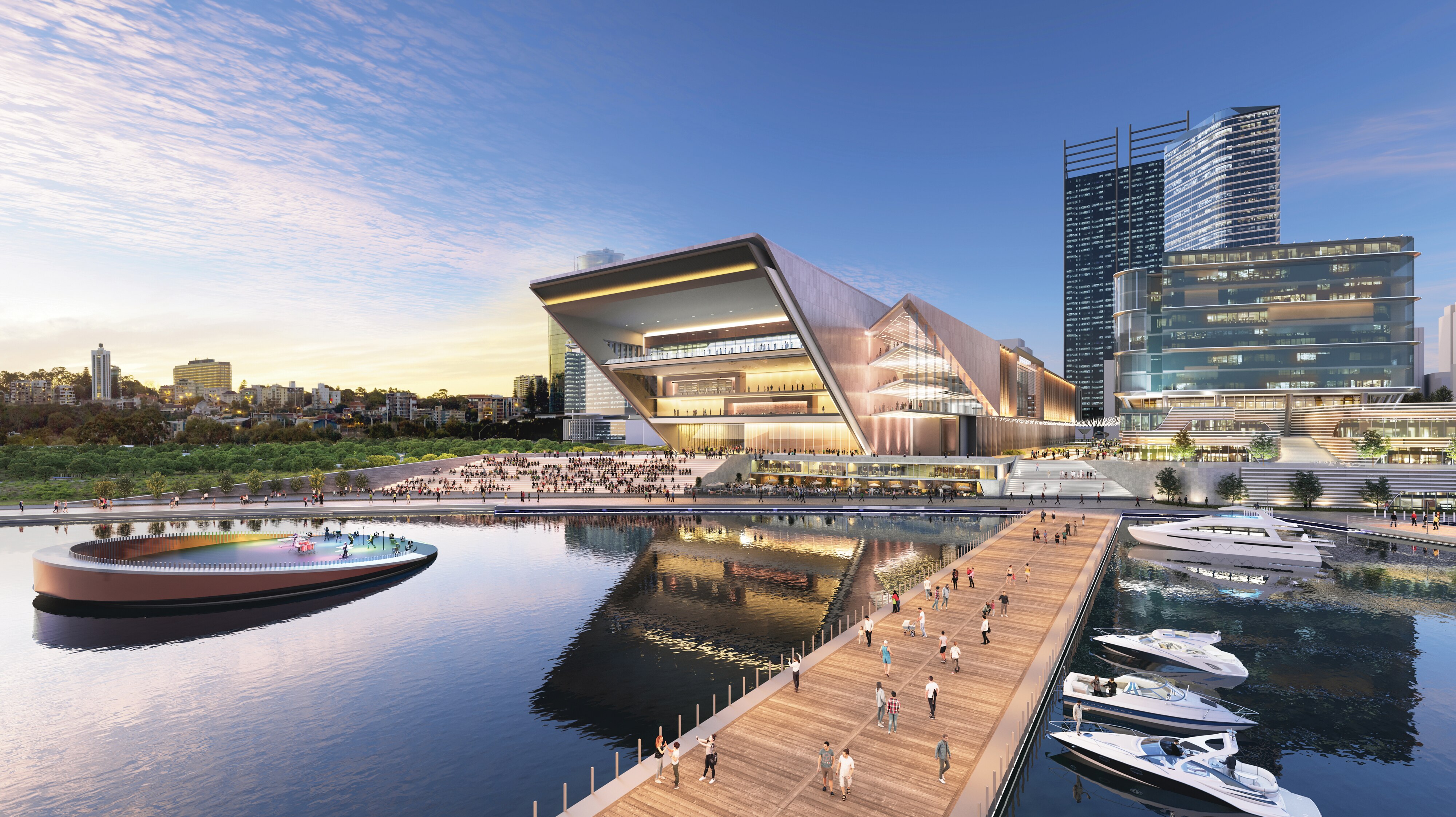 An artist impression of a newly designed convention centre on the Perth boardwalk