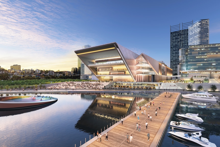 An artist impression of a newly designed convention centre on the Perth boardwalk