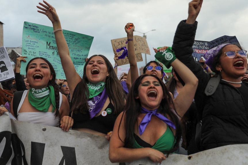 Women wearing purple and green hold up their fists and yell during a demonstration.