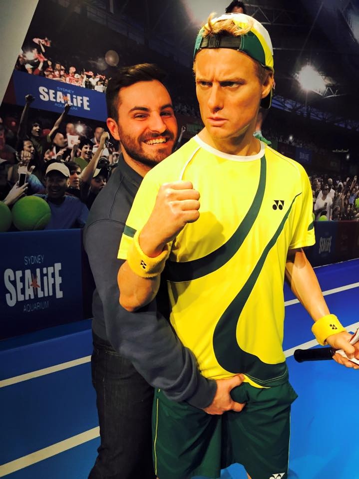 Rhys Adams with Lleyton Hewitt waxwork.