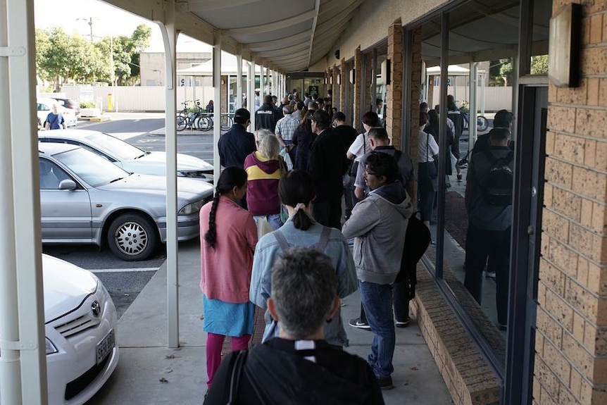 People are seen standing in a line from behind