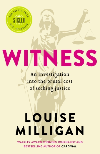 The book cover of Witness by Louise Milligan, lady justice in a blindfold