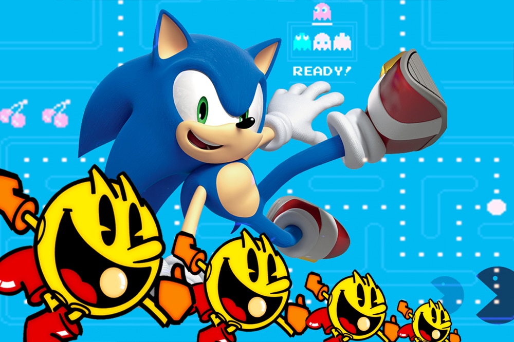 On a light blue background is a blue hedgehog-like character kicking the air, below, four round characters shrink in size.