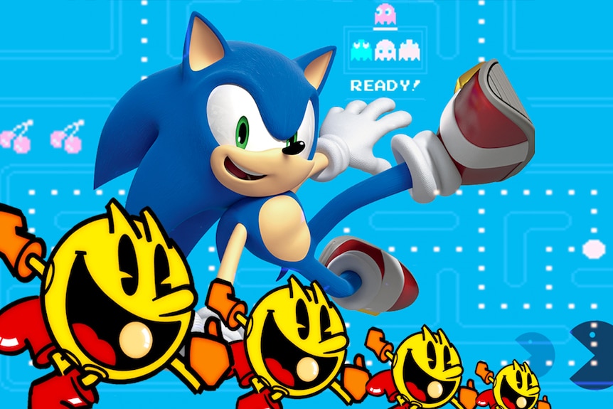 On a light blue background is a blue hedgehog-like character kicking the air, below, four round characters shrink in size.