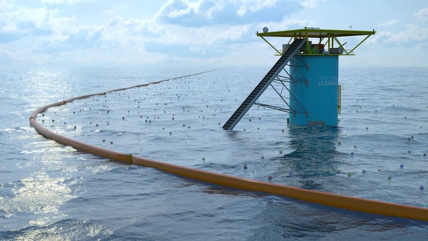 An artist's impression of the final Ocean Cleanup system.