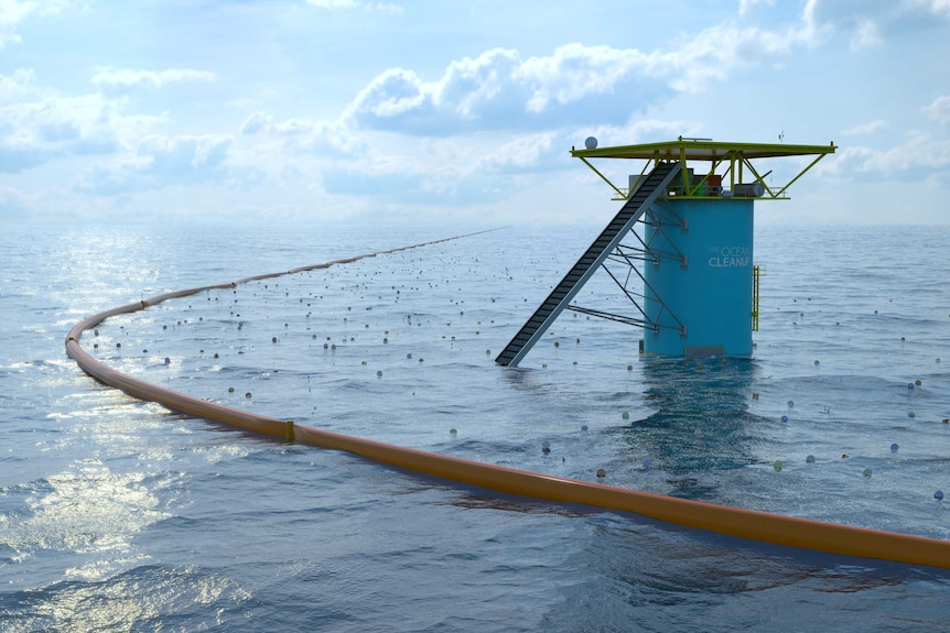 An artist's impression of the final Ocean Cleanup system.