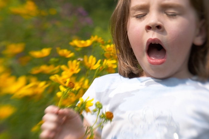 A girl holding a bunch of flowers about to sneeze.