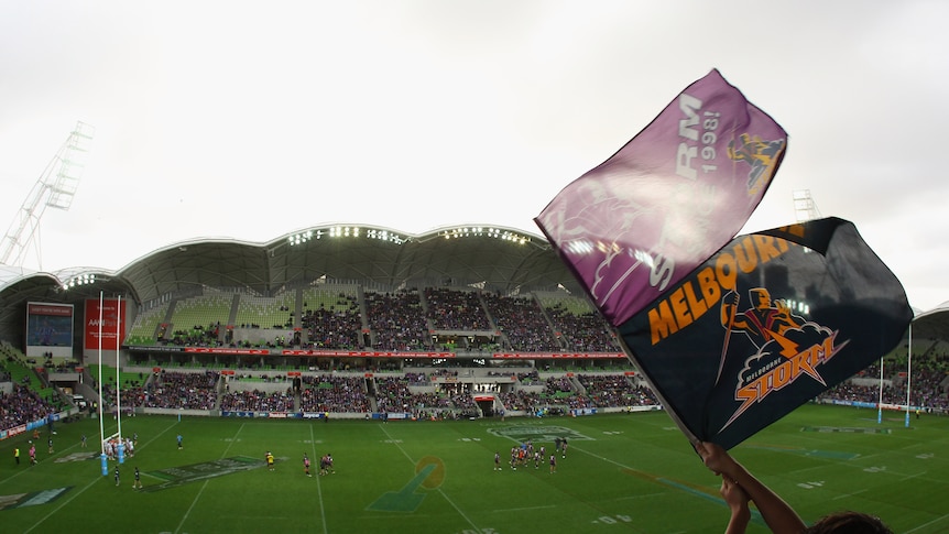 Generic filer of fan waving Storm flag at AAMI Park, good for Storm yarns