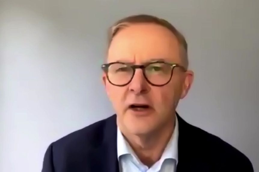 Anthony Albanese in a suit jacket and glasses speaks on a video call with a neutral background