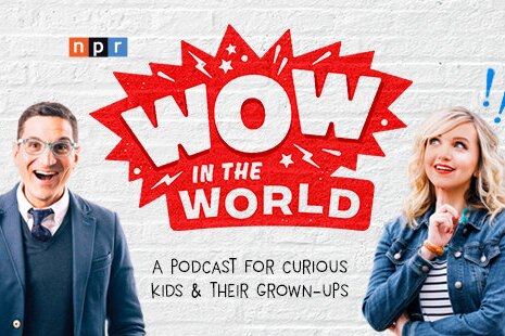 Hosts Guy Raz and Mindy Thomas pose and smile in inquisitive positions with the "Wow in the World" logo on a brick wall.
