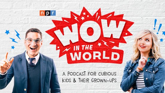 Hosts Guy Raz and Mindy Thomas pose and smile in inquisitive positions with the "Wow in the World" logo on a brick wall.