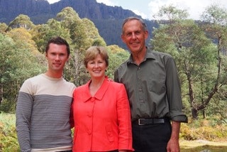 Tom Milne, his mum Christine and Bob Brown.