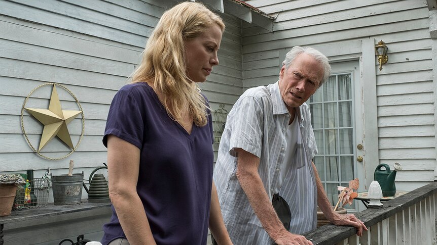 Colour still of Alison Eastwood and Clint Eastwood in 2019 film The Mule.