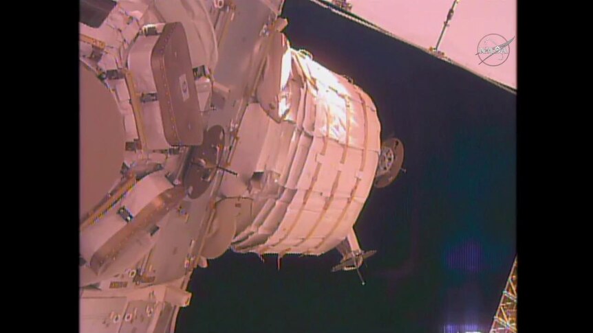 The BEAM inflatable module on the ISS, partially expanded.