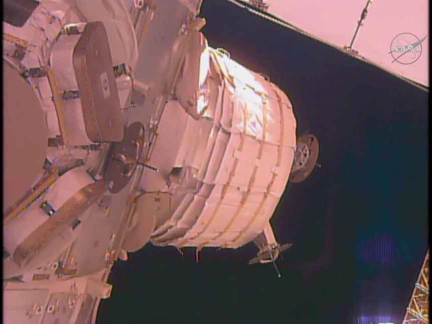 The BEAM inflatable module on the ISS, partially expanded.