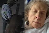 A split image showing a shadowy figure on CCTV and an elderly woman lying in a hospital bed.