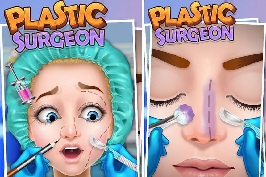 Promotional images for the Plastic Surgery Simulator app on Amazon.