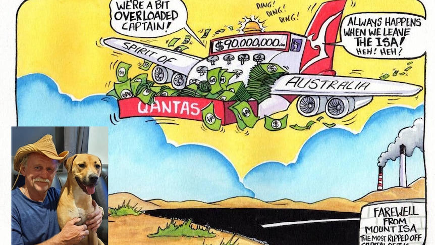 A cartoon showing a plane stuffed with money and an inset picture of a man and dog.