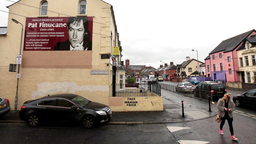 Mural dedicated to Pat Finucane on the Falls Road in West Belfast.