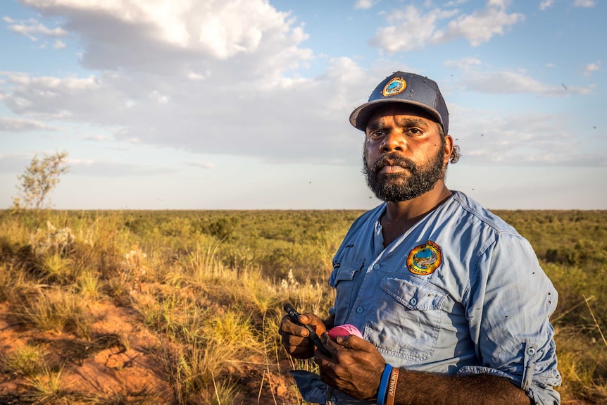 An Indigenous man wearing a ranger shirt and cap stands in an open grassland holding a roll of fluoro market tape.
