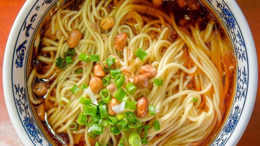 Wheat noodles with peanut and spring onion topping set in a china bowl.