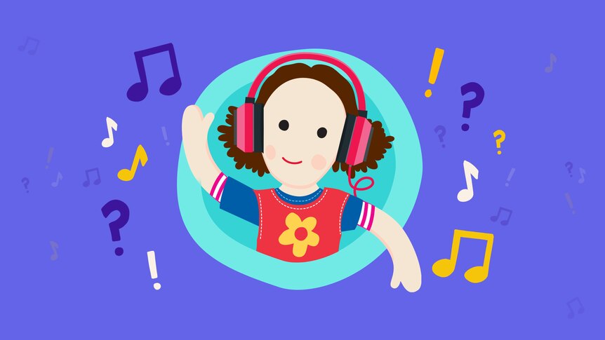 Animated image of Jemima, a toy doll, wearing headphones and smiling, on a purple background.