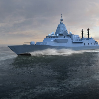 Photorealistic concept art of a warship gliding through open seas.