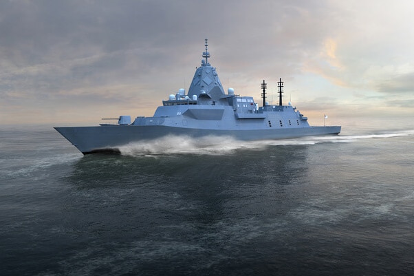 Photorealistic concept art of a warship gliding through open seas.