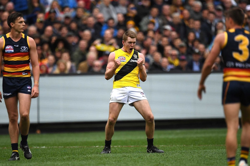 Jacob Townsend celebrates a goal for Richmond in the grand final