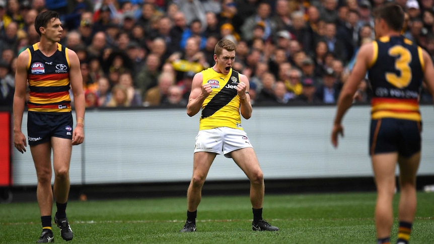 Jacob Townsend of the Tigers reacts after kicking a goal against Adelaide in the 2017 AFL grand final at the MCG.