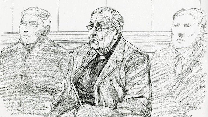 A sketch of Cardinal George Pell during a hearing in the Melbourne Magistrates' Court.