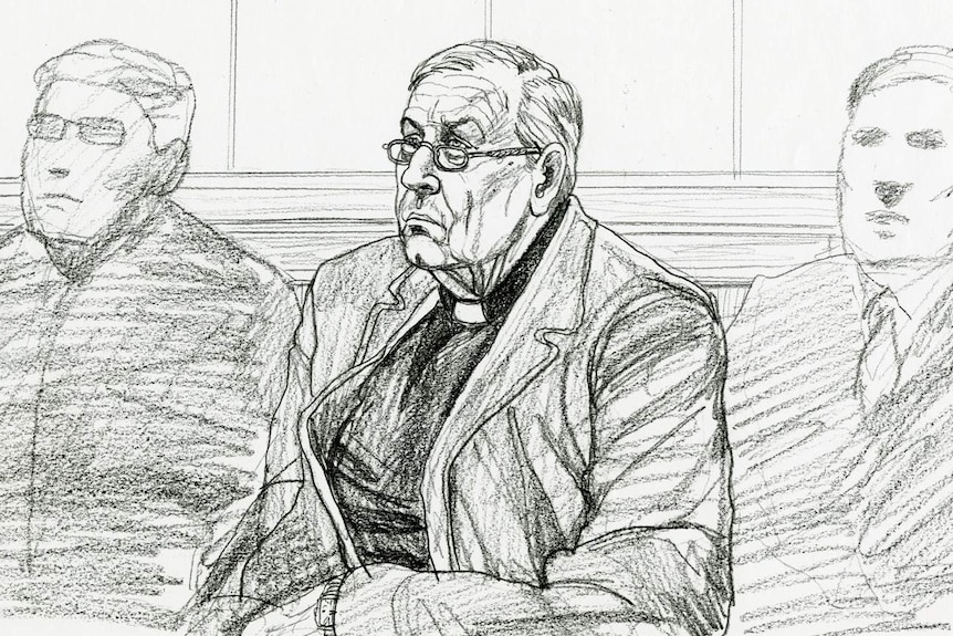 A sketch of Cardinal George Pell during a hearing in the Melbourne Magistrates' Court.