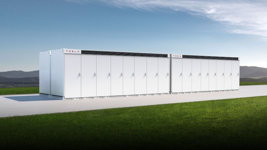 A graphic of a large white box tesla battery