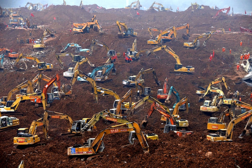 A sea of excavators across the Shenzhen landslide