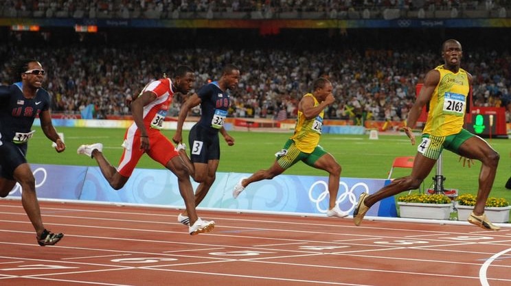 Usain Bolt wins the men's 100 metre final at the Beijing Olympics on August 16, 2008.