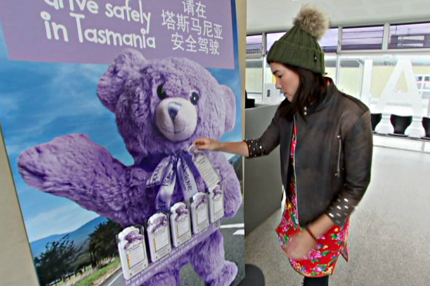 A woman in a beanie takes a pamphlet from a large display featuring a purple teddy bear.