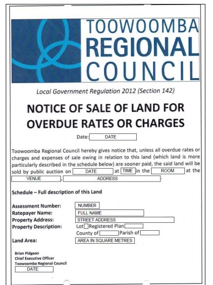 Redacted auction sign that the Toowoomba Regional Council placed publicly naming a homeowner who could not pay their rates bill
