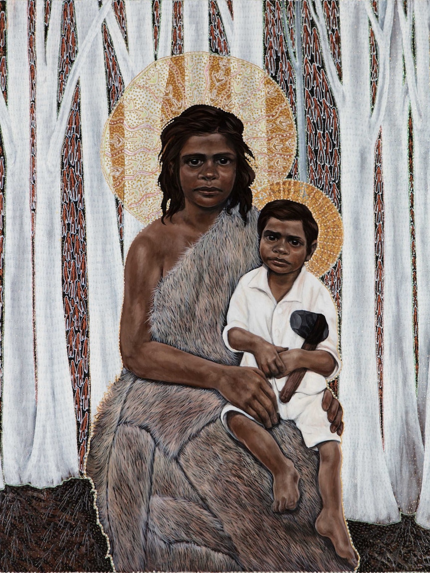 A painting by the artist Julie Dowling called Black Madonna: Omega with an Aboriginal mother (as Mary) and child (as Jesus)
