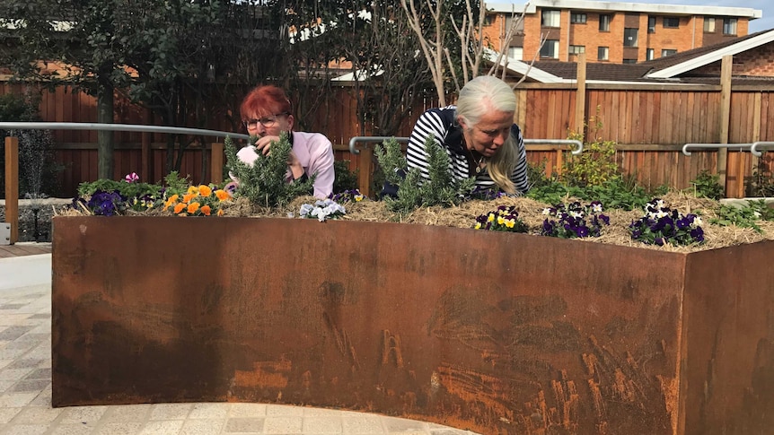 Two women smell herbs at the pick and sniff section of the dementia garden in Port Macquarie.