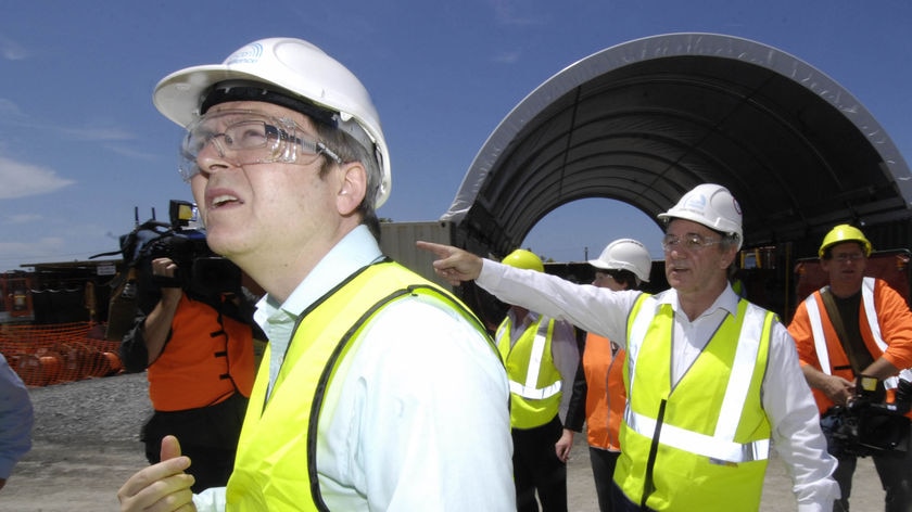 Mr Rudd tours the construction site of the Gold Coast desalination plant.