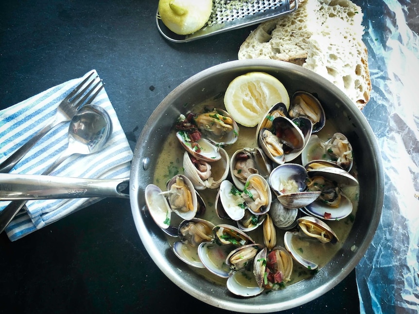 A skillet full of cooked mussels in a creamy sauce sits on a table next to a hunk of rustic bread.