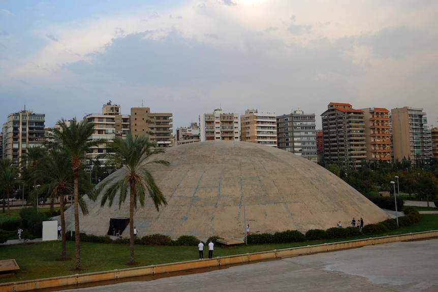 The Experimental Theater can be seen in the foreground with buildings in Tripoli in the background