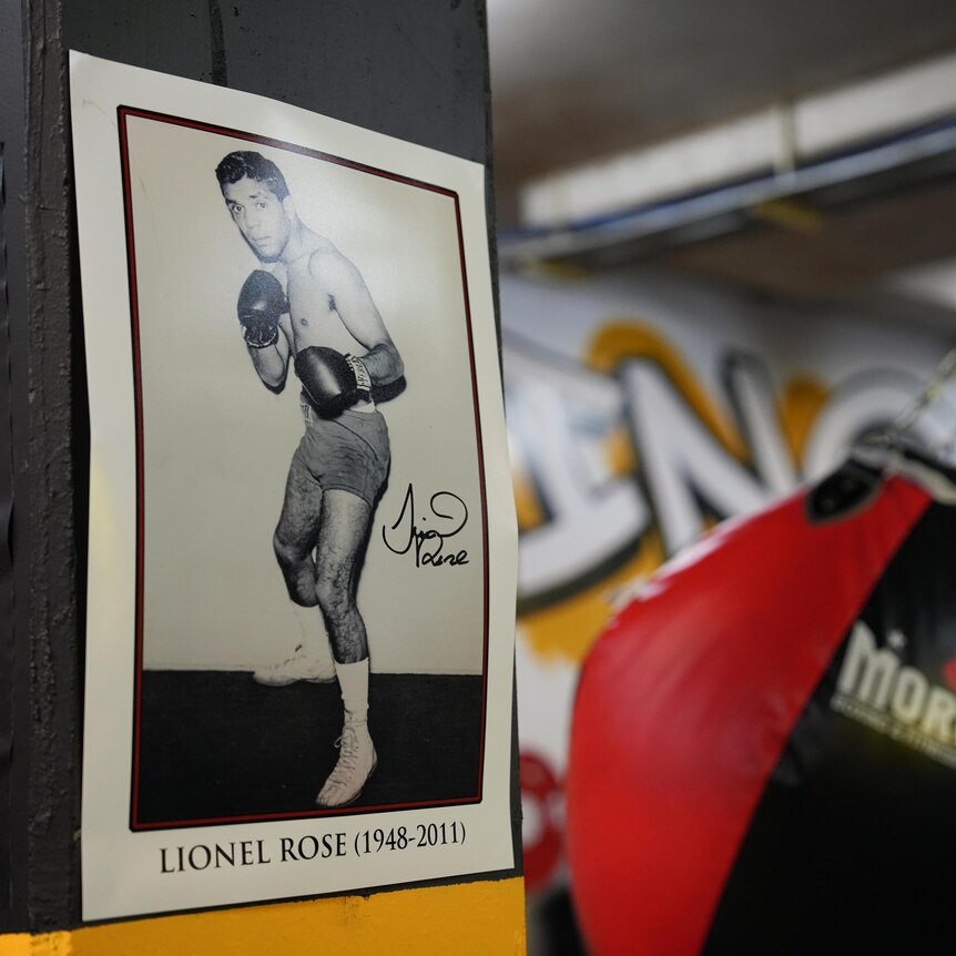 A poster of Indigenous boxer Lionel Rose on the wall of a gym.