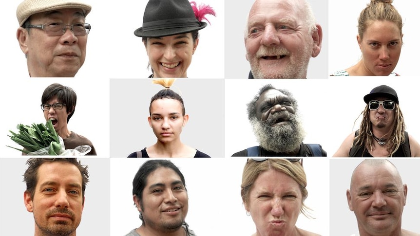 A grid of nine portraits of different faces snapped at Darwin's Parap markets, all different ages, sexes and ethnicities